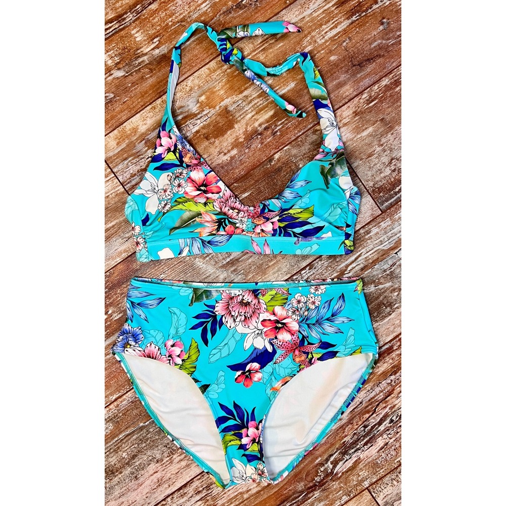 VENUS Floral Bikini Set Aqua Tropical Halter High Waist Size S 8